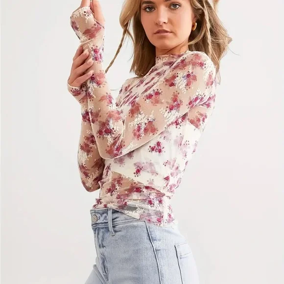 82. Pink & Ivory Floral Mesh Long Sleeve Top - Picture 3 of 3